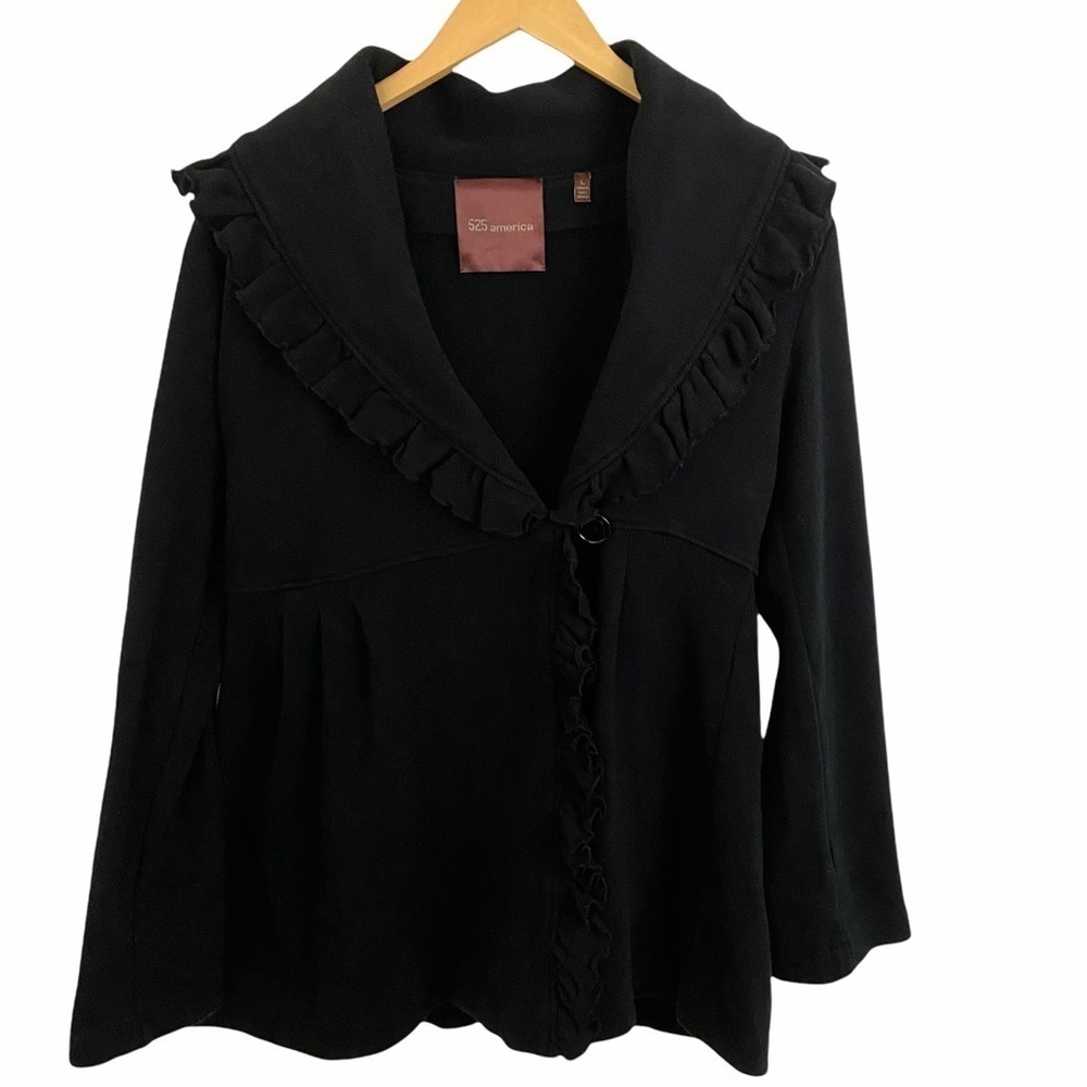 525 America Black Ruffle Trim Sweater Jacket Sz L Cotton Blend